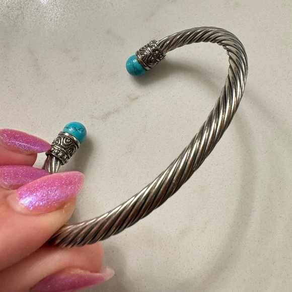 Silver Cable Bracelet with Faux Turquoise - Adjustable Silver Tone Cable Cuff - Picture 7 of 13